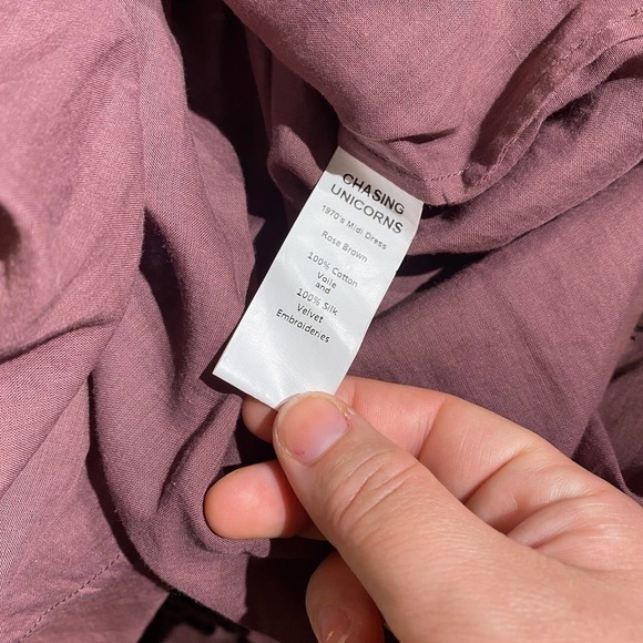 Chasing Unicorns Mauve Brown Cotton Voile Embroider 1970s Maxi Dress Large - Picture 9 of 10